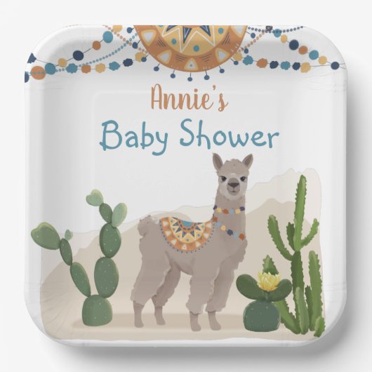 Fiesta Cactus Llama Baby shower Papieren Bordje (Voorkant)