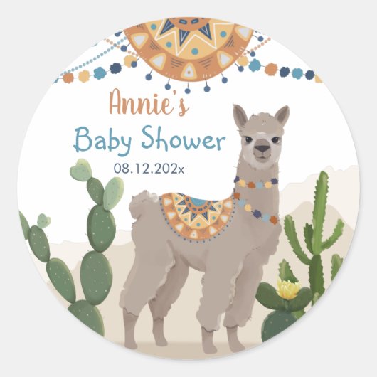 Fiesta Cactus Llama Baby shower Ronde Sticker (Voorkant)