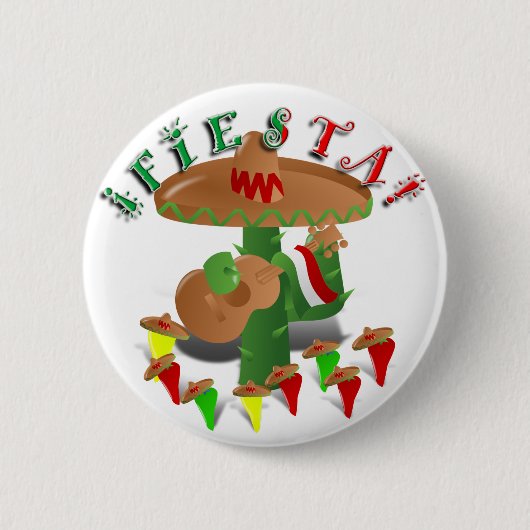 Fiesta Cactus m/Sombrero & Gitaar Ronde Button 5,7 Cm (Voorkant)