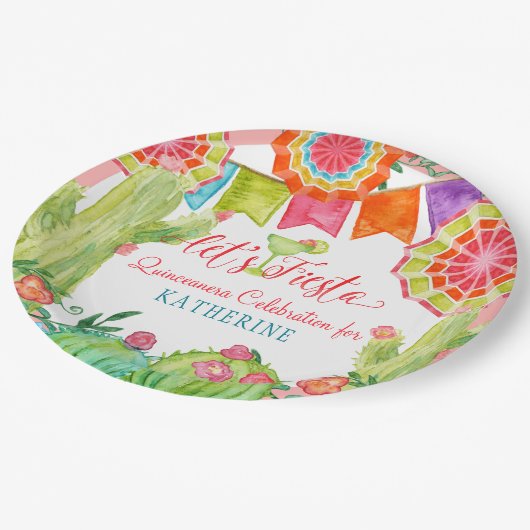 Fiesta Cactus Pink Quinceanera 15e verjaardag Papieren Bordje (Gekanteld)