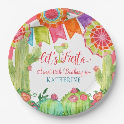 Fiesta Cactus Pink Sweet 16th Birthday Party Papieren Bordje (Voorkant)
