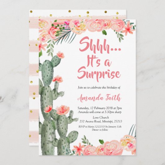 Fiesta Cactus Surprise Birthday Invitation Kaart (Voorkant / Achterkant)