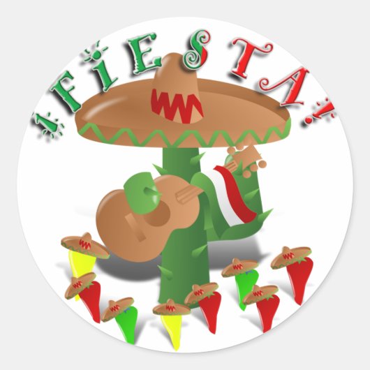 Fiesta Cactus w/Sombrero & Guitar Ronde Sticker (Voorkant)