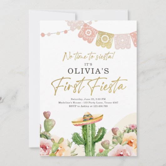 Fiesta Cactus Waterverf Girl First Birthday Invit Kaart (Voorkant)