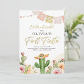 Fiesta Cactus Waterverf Girl First Birthday Invit Kaart (Staand voorkant)