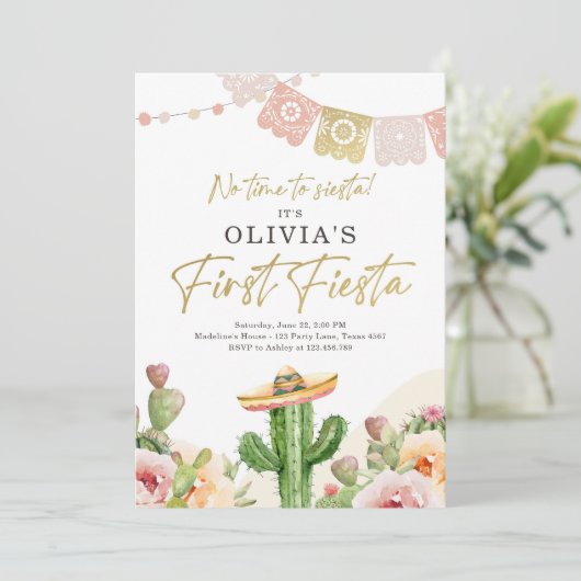Fiesta Cactus Waterverf Girl First Birthday Invit Kaart (Staand voorkant)