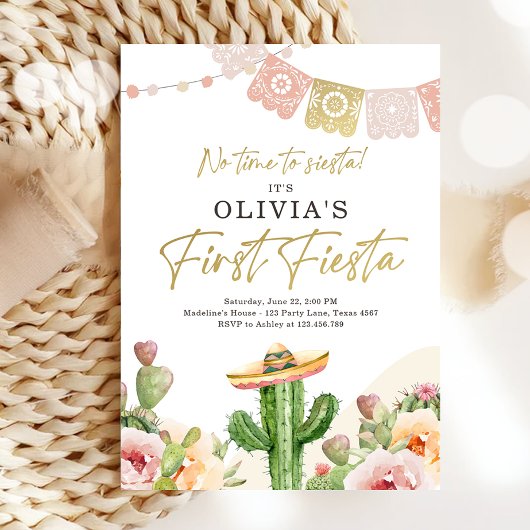 Fiesta Cactus Waterverf Girl First Birthday Invit Kaart