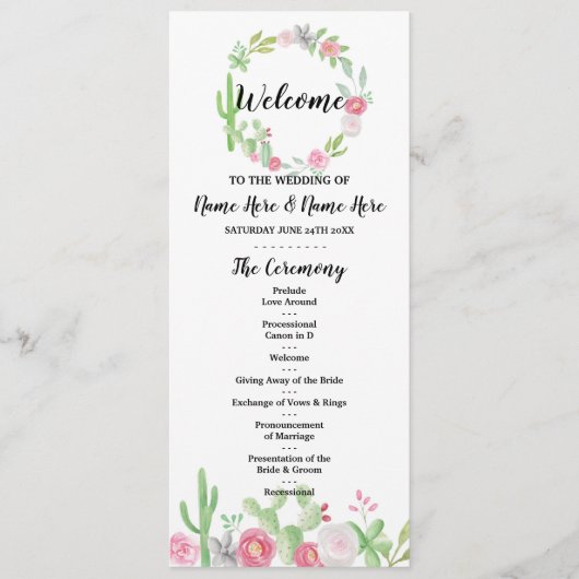 Fiesta Cactus Wedding Programme Flowers Cacti Mexi Programmakaart (Voorkant)