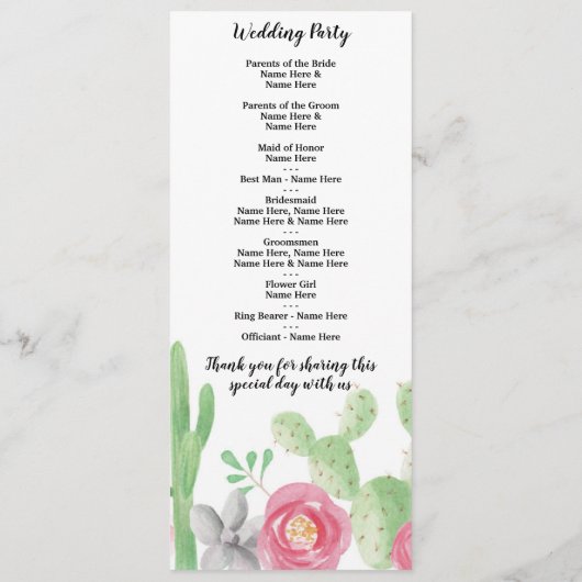 Fiesta Cactus Wedding Programme Flowers Cacti Mexi Programmakaart (Achterkant)