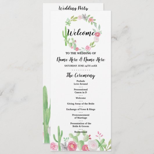 Fiesta Cactus Wedding Programme Flowers Cacti Mexi Programmakaart (Voorkant / Achterkant)