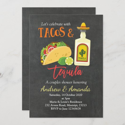 Fiesta Chalkboard Tacos en Tequila Invitation Kaart (Voorkant / Achterkant)
