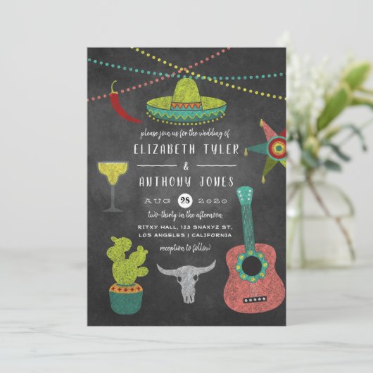 Fiesta Chalkboard Wedding Kaart (Staand voorkant)