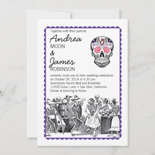 Fiesta Dansende Skeletons Skull Wedding Invitation Kaart (Voorkant)