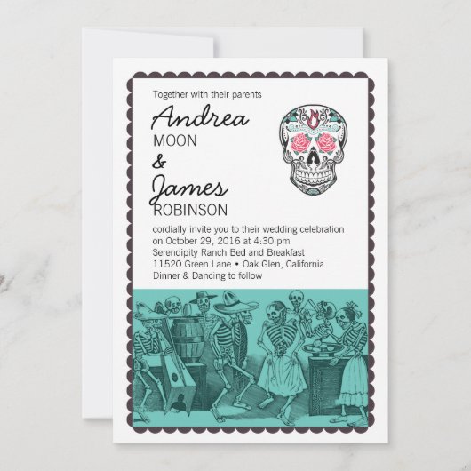 Fiesta Dansende Skeletons Skull Wedding Invitation Kaart (Voorkant)