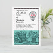 Fiesta Dansende Skeletons Skull Wedding Invitation Kaart (Staand voorkant)