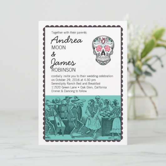 Fiesta Dansende Skeletons Skull Wedding Invitation Kaart (Staand voorkant)