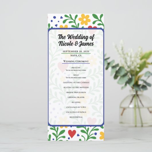 Fiesta de Amor Kleurrijk Bloemen Trouwprogramma Menu (Staand voorkant)