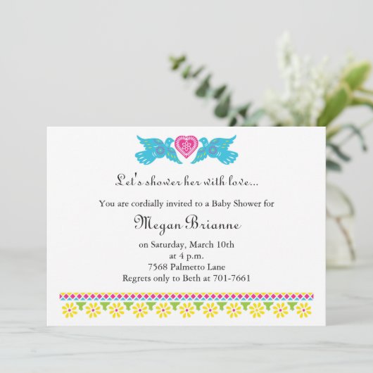 Fiesta de Bebe Colorful Tortelduifjes Uitnodiging (Staand voorkant)