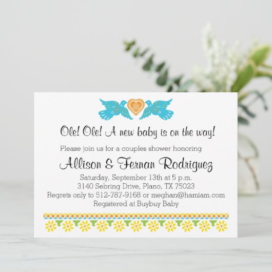 Fiesta de Bebe Colorful Tortelduifjes Uitnodiging (Staand voorkant)