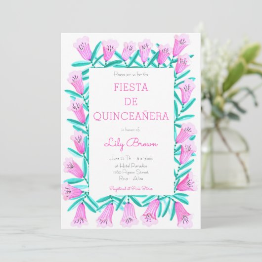 Fiesta de Quinceañera Uitnodiging Flores Rosa (Staand voorkant)