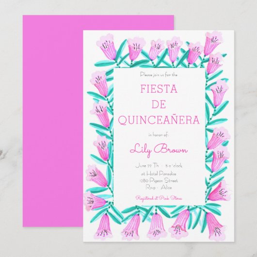 Fiesta de Quinceañera Uitnodiging Flores Rosa (Voorkant / Achterkant)