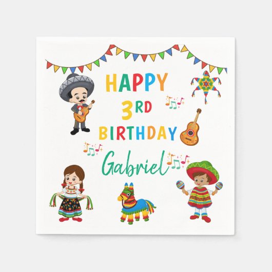Fiesta, drie-esta kinderen verjaardagsfeestje serv servet (Voorkant)