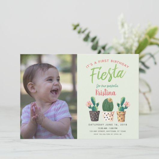 Fiesta eerste verjaardag Cactus uitnodiging (Staand voorkant)