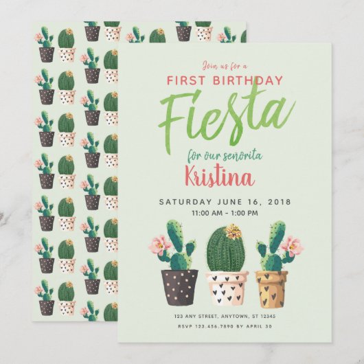 Fiesta eerste verjaardag Cactus uitnodiging (Voorkant / Achterkant)