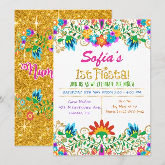 Fiesta Eerste Verjaardag Floral Glitter Uitnodigin Kaart (Voorkant / Achterkant)