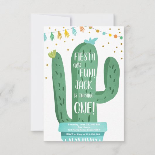 Fiesta en Fun Boy Blue Cactus 1e verjaardag Kaart (Voorkant)