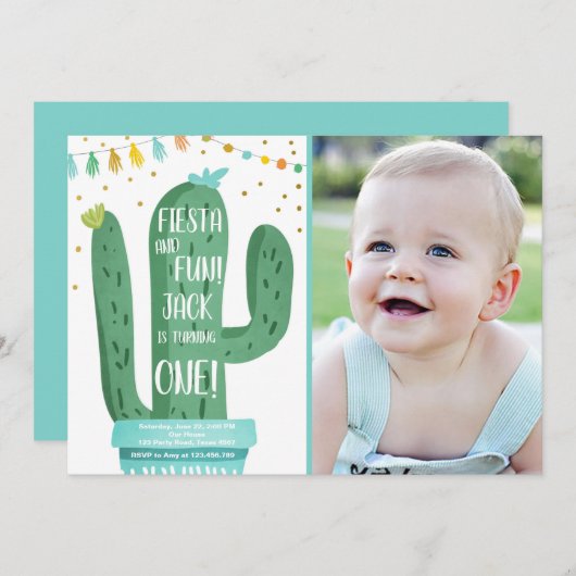 Fiesta en Fun Boy Blue Cactus, 1e verjaardag Kaart (Voorkant / Achterkant)
