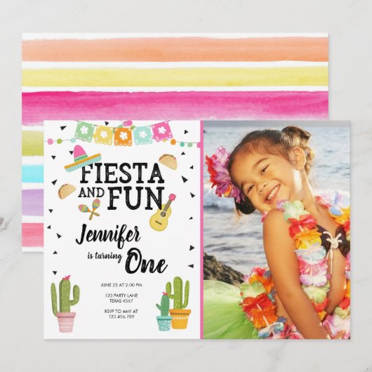 Fiesta en Fun Cactus Mexican Girl First Birthday Kaart (Voorkant / Achterkant)