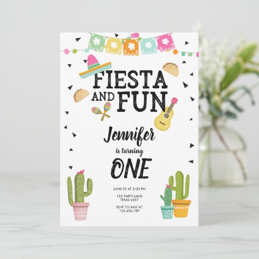 Fiesta en Fun Cactus Mexican Girl First Birthday Kaart (Staand voorkant)
