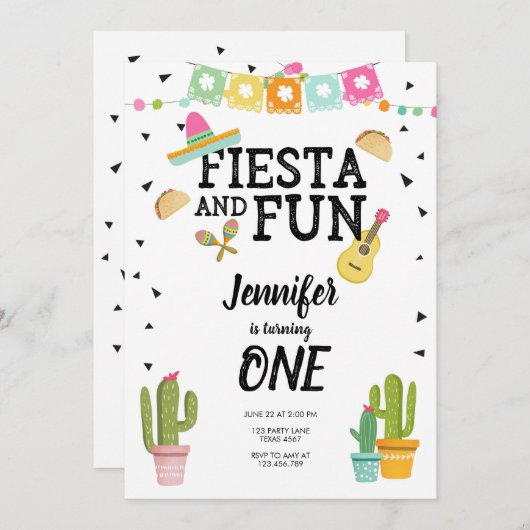 Fiesta en Fun Cactus Mexican Girl First Birthday Kaart (Voorkant / Achterkant)