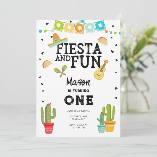 Fiesta en Fun Cactus Taco Boy 1st First Birthday Kaart (Staand voorkant)