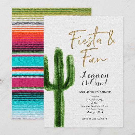 Fiesta en Fun First Birthday Invitation Kaart (Voorkant / Achterkant)