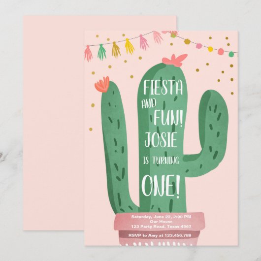 Fiesta en Fun Girl Roze Cactus 1e verjaardag Kaart (Voorkant / Achterkant)