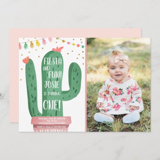 Fiesta en Fun Girl Roze Cactus 1e verjaardag Kaart (Voorkant / Achterkant)