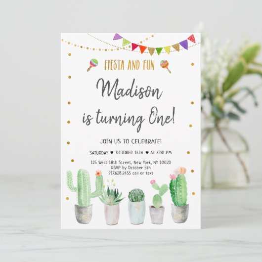 Fiesta en Fun Gold Fiesta First Birthday Kaart (Staand voorkant)