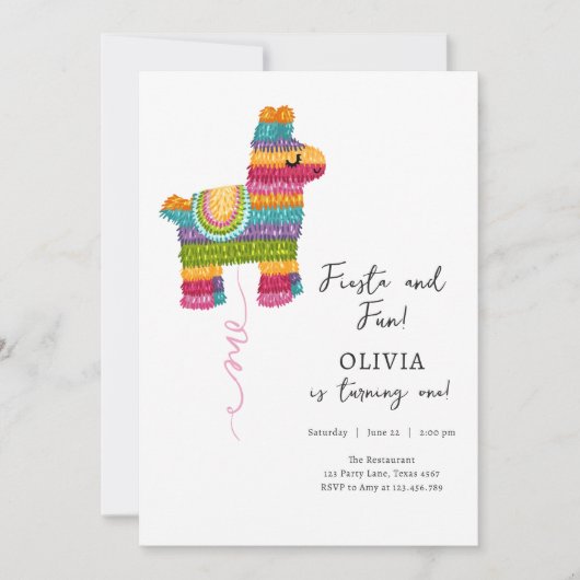 Fiesta en Fun Piñata Llama Meisje Eerste Verjaarda Kaart (Voorkant)