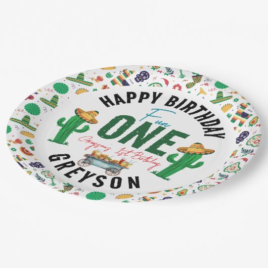 Fiesta First | 1e verjaardag Papieren Bordje (Gekanteld)