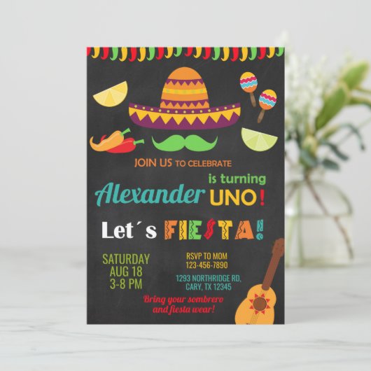 Fiesta first 1st birthday invitation, boy fiesta. kaart (Staand voorkant)