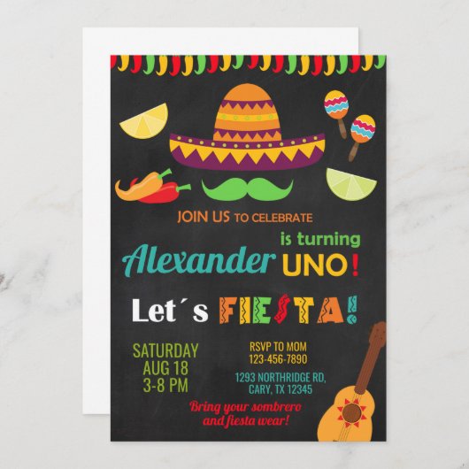 Fiesta first 1st birthday invitation, boy fiesta. kaart (Voorkant / Achterkant)