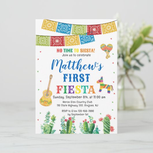 Fiesta First Birthday Invitation Boy Kaart (Staand voorkant)
