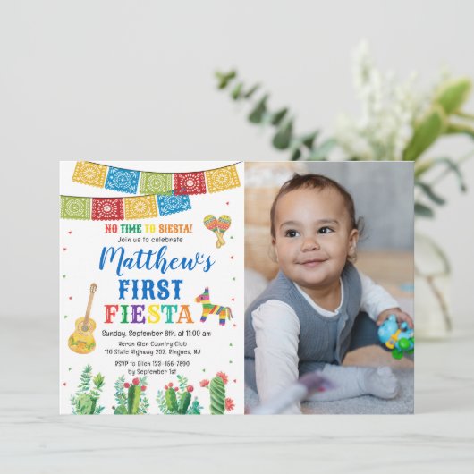 Fiesta First Birthday Invitation Boy Kaart (Staand voorkant)