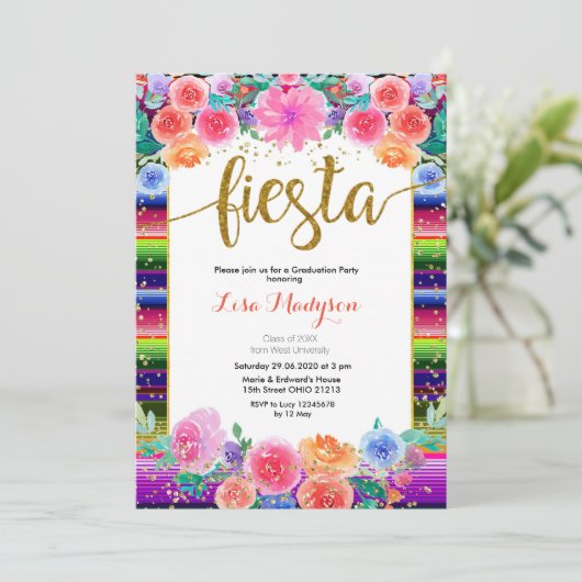 Fiesta Floral Afstuderen Invitation Party Mexicaan Kaart (Staand voorkant)