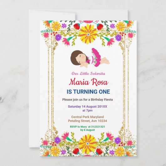 Fiesta Floral Mexican Girl Party Verjaardag Kaart (Voorkant)
