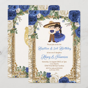 Fiesta Floral Sibling Blue Baptism & Birthday Kaart