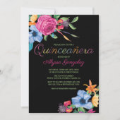 Fiesta Flowers Zwart Waterverf Bloemen Quinceanera Kaart (Voorkant)