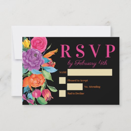 Fiesta Flowers Zwart Waterverf Bloemen RSVP Kaartje (Voorkant)